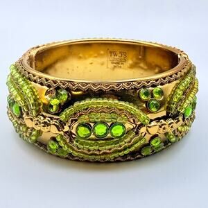 Two's Company India Gold Tone Green Beaded Rhinestone Hinged Bangle Bracelet